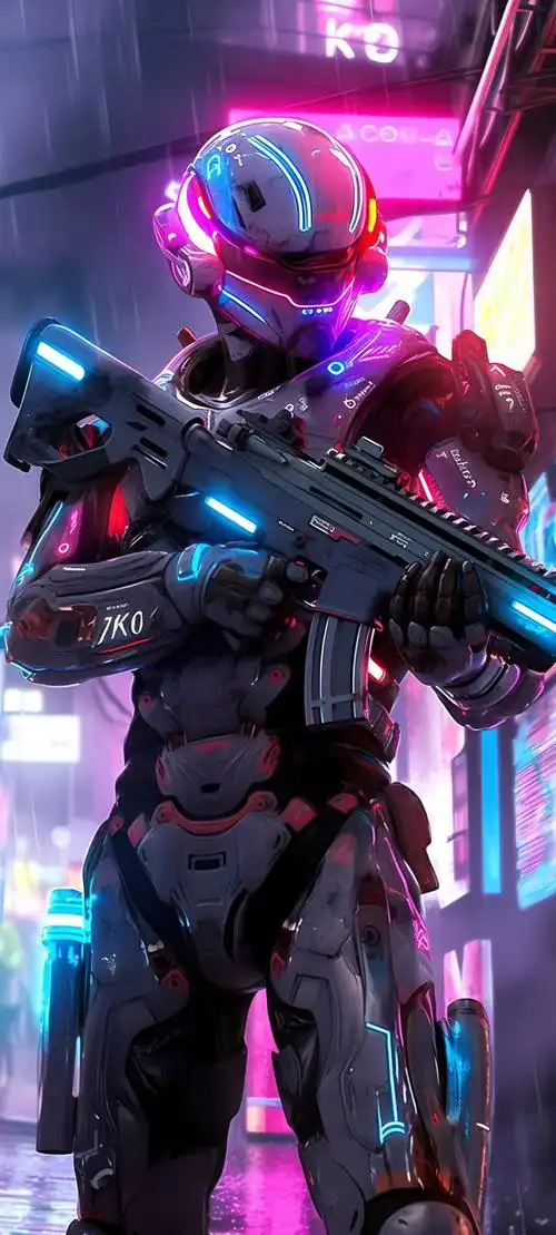 手机壁纸霓虹灯光在战斗装甲上流转高清大图