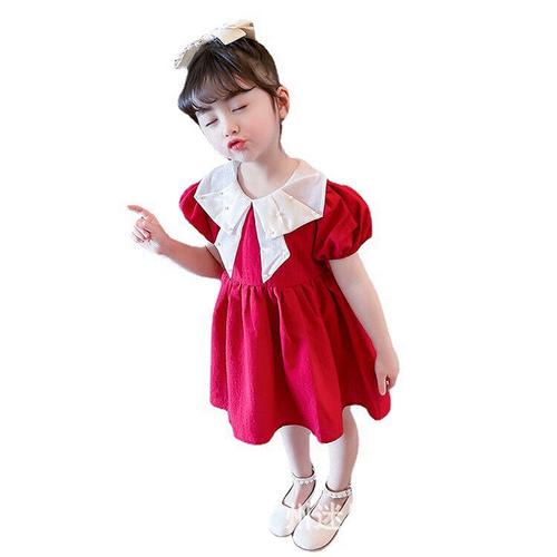 红色小女孩珍珠领儿童公主裙女2023新款裙子倩女童连衣裙礼服新款
