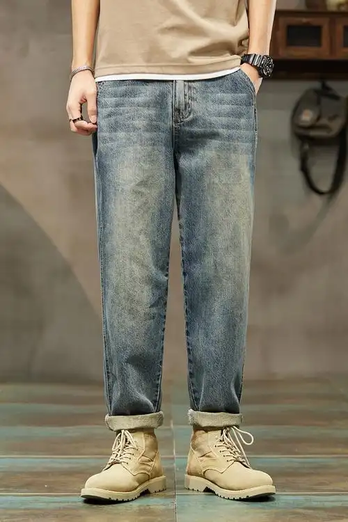 2023新款复古牛仔裤男宽松弹力怀旧重工艺水洗修身小直筒男士长裤