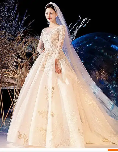 婚纱裙礼服新款新娘中学生重工赫本长袖法式拖尾超仙梦幻 香槟齐地 xs