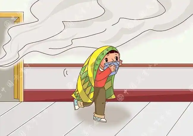 用湿毛巾捂住口鼻,匍匐逃生