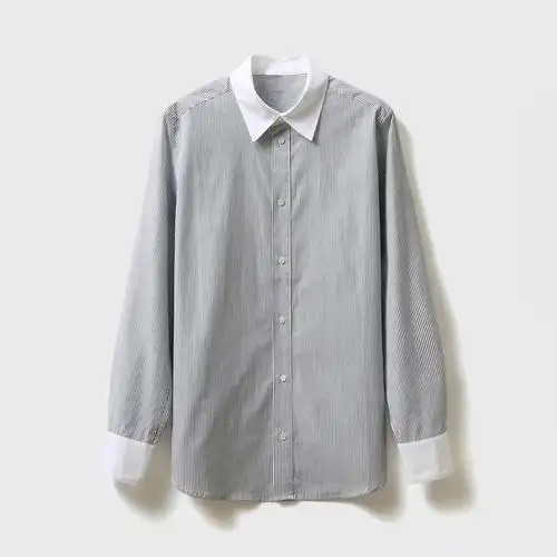 戎美【cy0121295】早春新款黑白条纹高支全棉经典长袖衬衫女