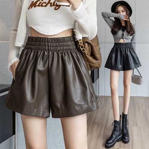 皮短裤女秋冬季外穿2022新款爆款黑色高腰a字阔腿pu皮裤松紧靴裤