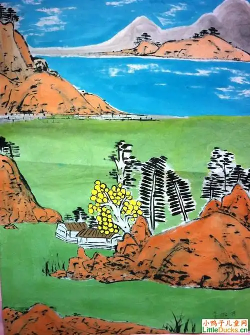 儿童水墨画江南山水,,国画_小鸭子儿童乐园