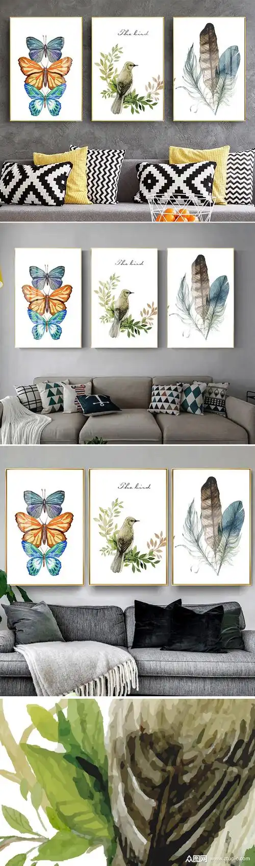 现代手绘蝴蝶花鸟装饰画