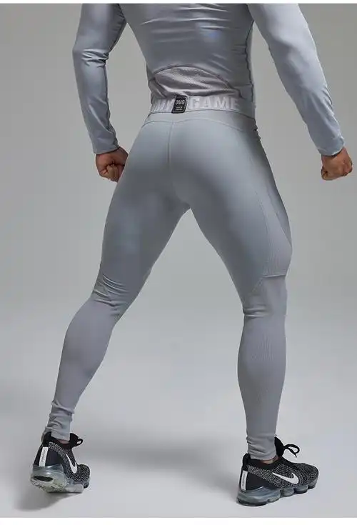 omg潮牌秋冬季锦纶高弹力运动健身训练紧身裤男士速干瑜伽压缩裤灰色