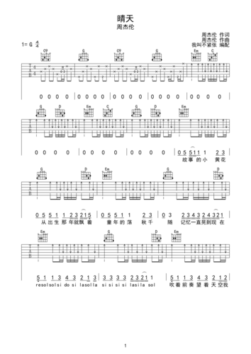晴天- 周杰伦 g调弹唱吉他谱g调六线吉他谱-虫虫吉他谱免费下载