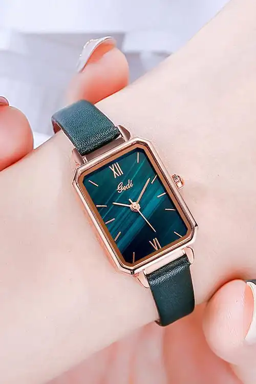 歌迪gedi新款女表时尚复古方形孔雀绿女士手表韩版学生皮带表