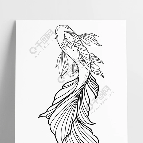 手绘线稿白描国风锦鲤图案