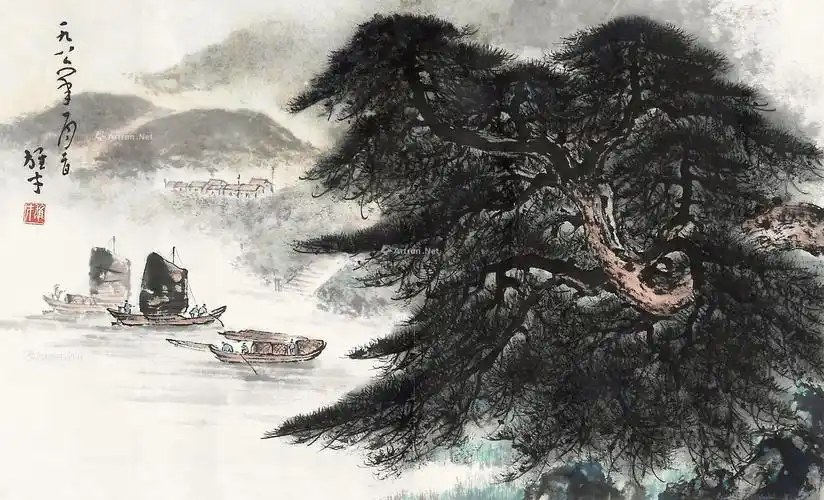 0073江上帆船图镜片设色纸本