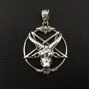 吊坠 不拘 哥特暗黑复古项链 925纯银作旧倒五芒星羊头撒旦男士吊坠