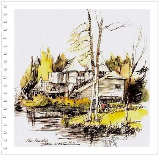 用笔灵动中国画家唐亮淡彩钢笔画作品欣赏