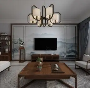 新中式风格客厅石材电视背景墙装修效果图片  2502   三居138平港式