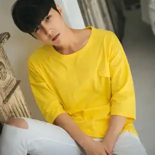 2016夏装韩国男士青少年圆领短袖纯色打底衫韩版宽松五分袖t恤夏