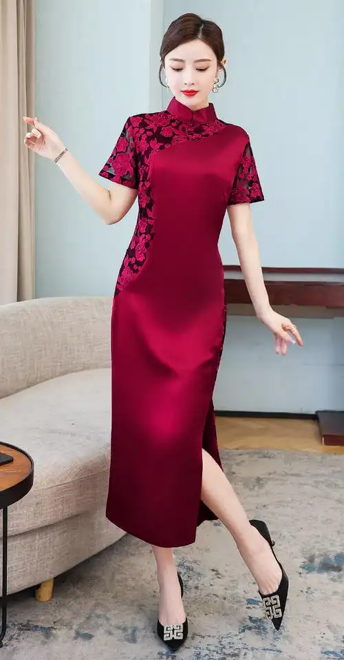 婚庆妈妈礼服中式婚礼大码改良连衣裙红色喜婆婆旗袍修身夏装婚宴