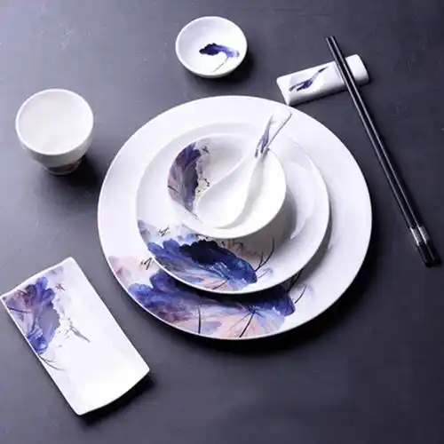 【中式莲花方盘碗盘勺七件套 ***陶瓷酒店包间餐具 豪华饭店会所摆台