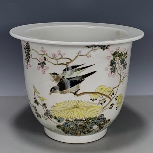 古玩瓷器古董收藏 粉彩花鸟图纹花盆全品老货摆件
