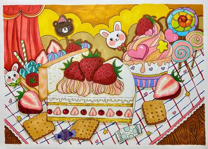 创意插画美味甜品蛋糕儿童画马克笔手绘