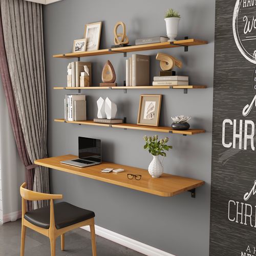 墙上一字板书桌书架组合全实木壁挂学习桌挂墙式电脑办公桌写字台