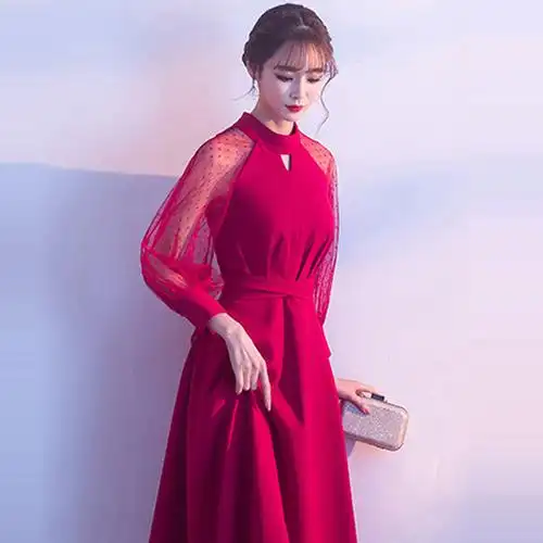 敬酒服酒红色秋款订婚结婚礼服女新娘回门大码长装连衣裙平时可穿