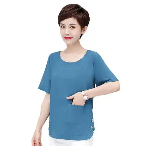 斯尔丽中年妈妈夏装棉麻t恤衫宽松中老年大码女装短袖上衣女