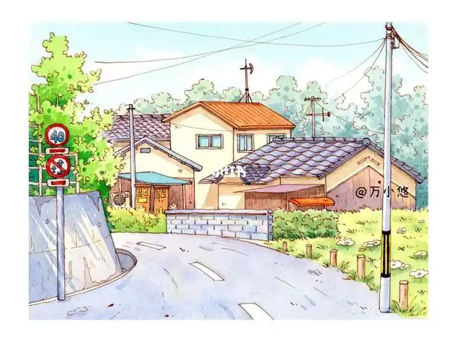 钢笔淡彩日式街景线稿素材水彩上色过程图