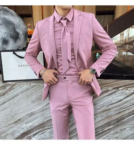 粉色小西装男秋冬款衬衫三件套酒吧发廊帅气男生修身韩版西服套装