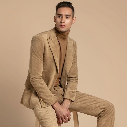 gievescharles秋冬新款卡其色灯芯绒时尚修身布雷泽男士西服