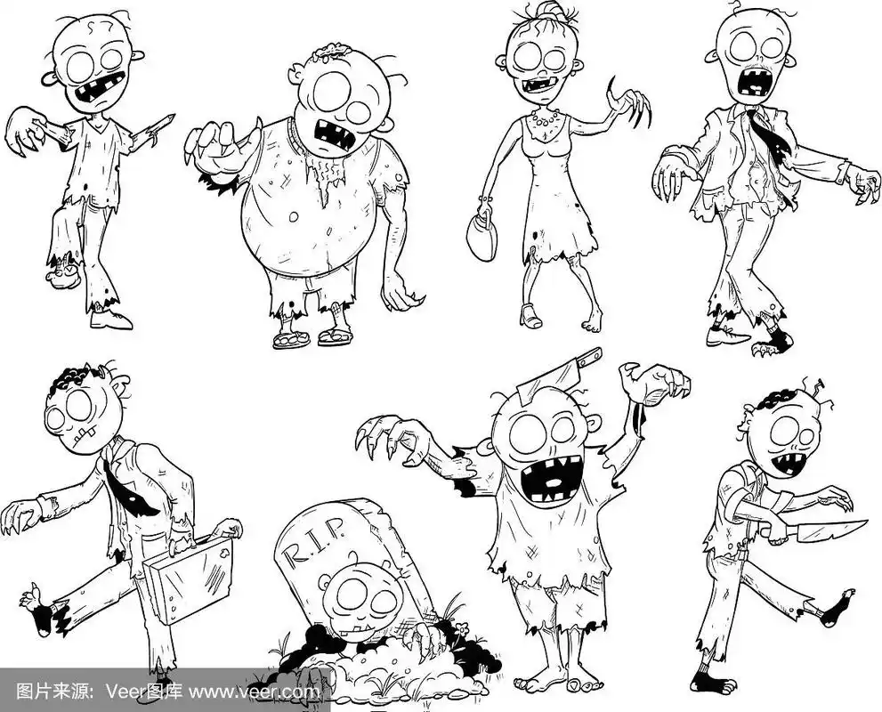 一套可爱的手绘万圣节僵尸