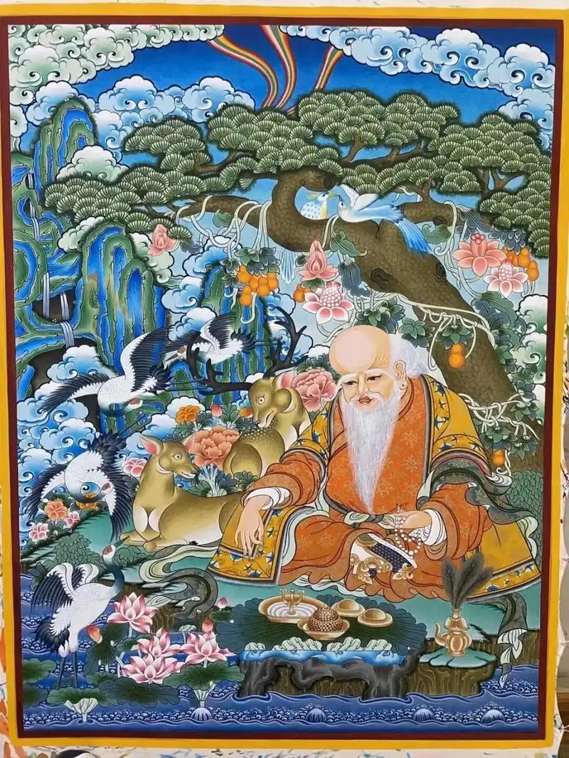 唐卡《长寿老人图》 六长寿,又称长寿老人图,图中有长寿岩,长寿老人