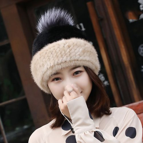 新款水貂毛皮草帽子女士冬季加厚保暖护耳貂皮编织帽子狐狸球帽子