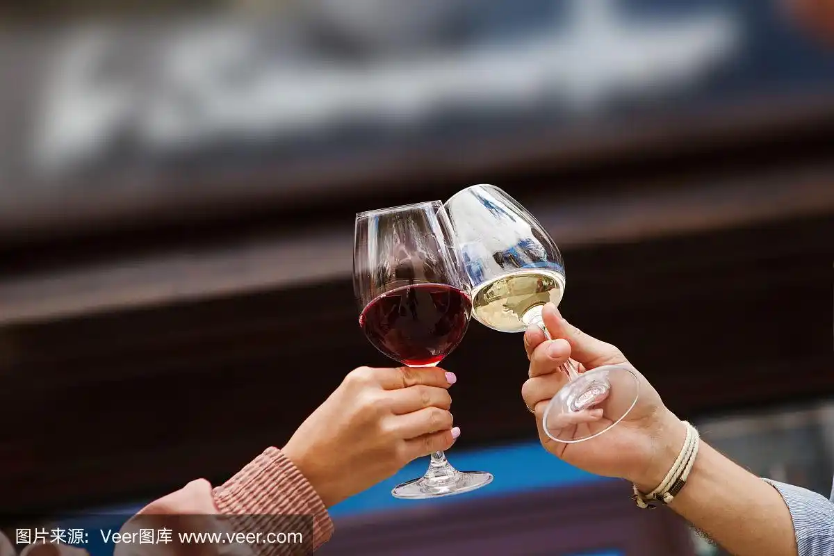 两个人用红和白葡萄酒碰杯