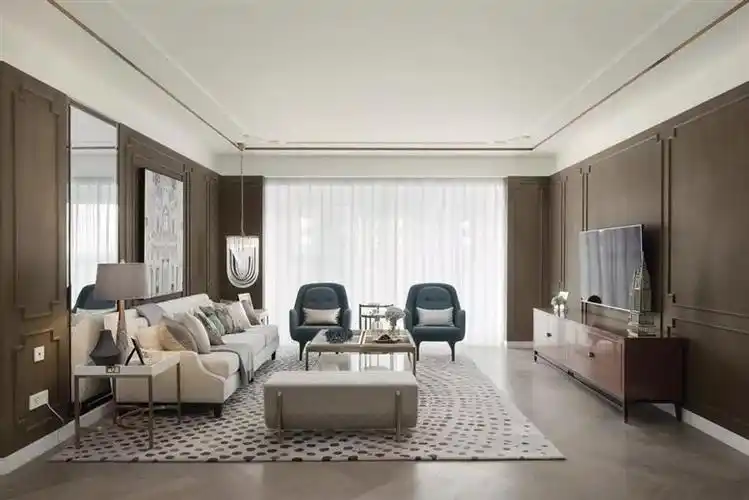 整体颜色是低调高压的灰色系,搭配木质家具,凸显中式的静,法式的雅