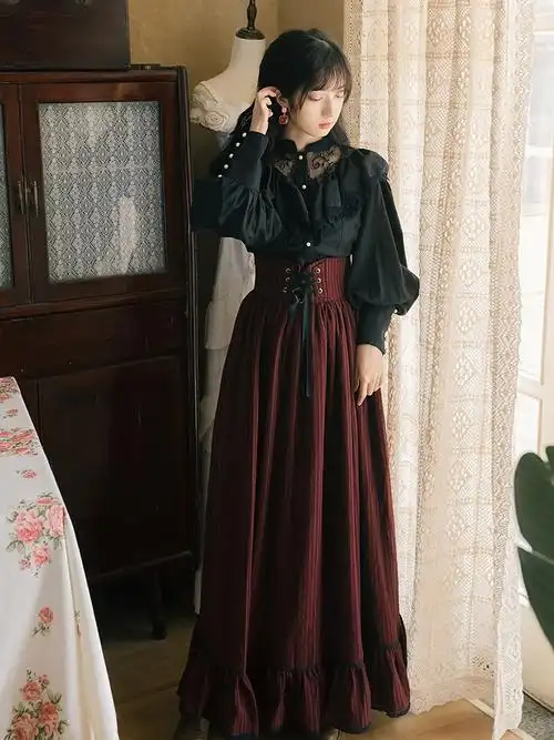 法式欧式宫廷复古长袖蕾丝衬衫条纹长裙两件其他户外服装