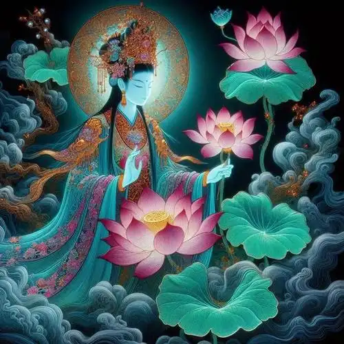 菩萨座下,莲花盛开,是一幅令人心醉神迷的美景.