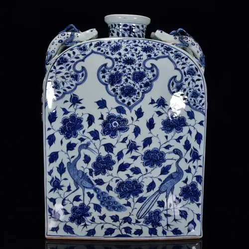 元青花孔雀牡丹纹扁瓶