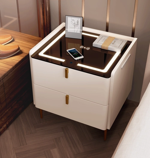 智能床头柜现代简约轻奢全实木无线充电整装带灯网红多功能床边柜