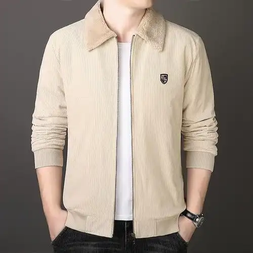 秋冬跨境男士夹克灯芯绒翻领纯色商务休闲中年加绒加厚保暖外套男