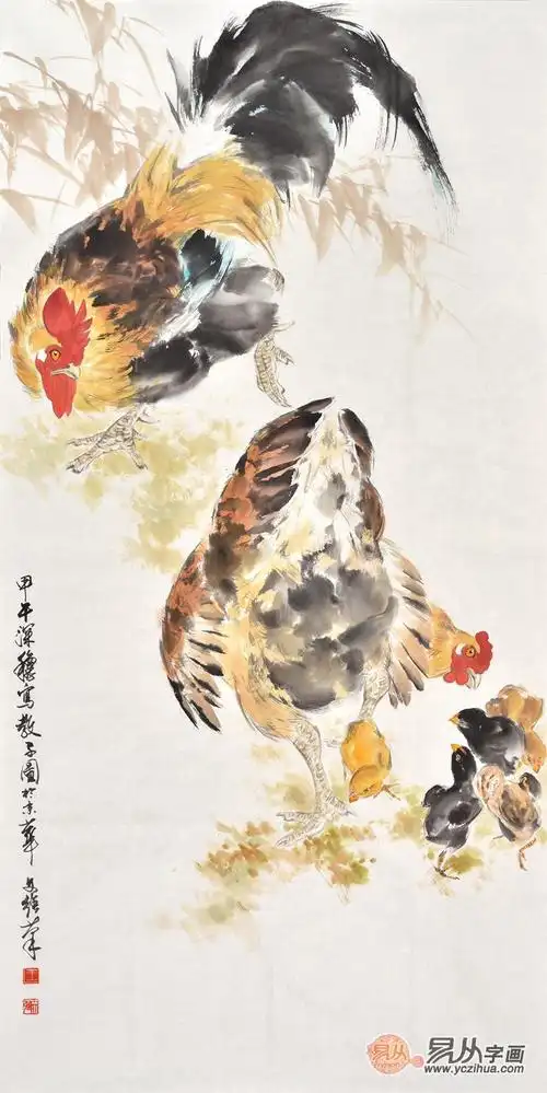 国画公鸡 王文强四尺竖幅动物画公鸡系列《教子图》