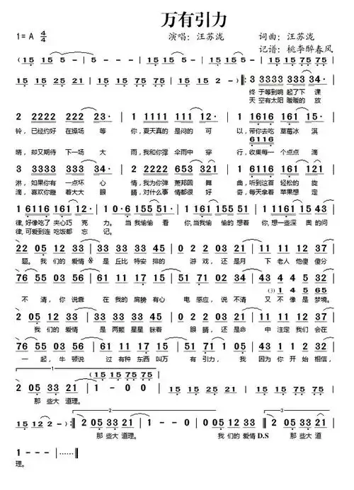 《万有引力》_歌谱简谱_歌词简介_曲谱资料