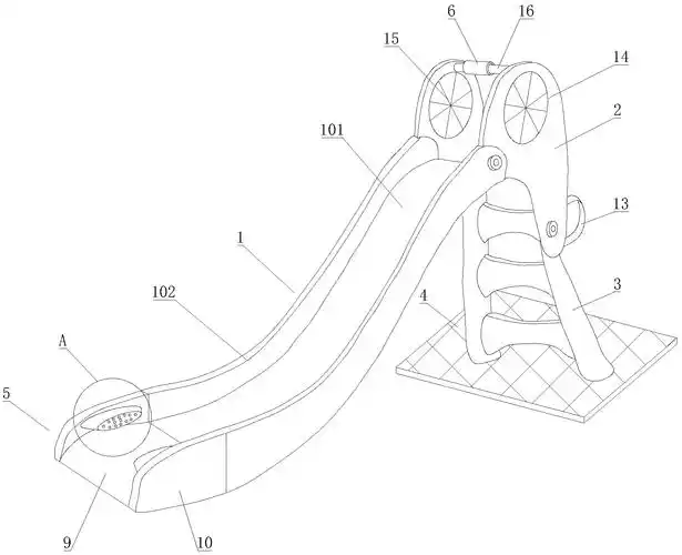 一种安全型儿童滑梯,包括滑梯主体,连接板,梯子,保护垫和缓冲组件