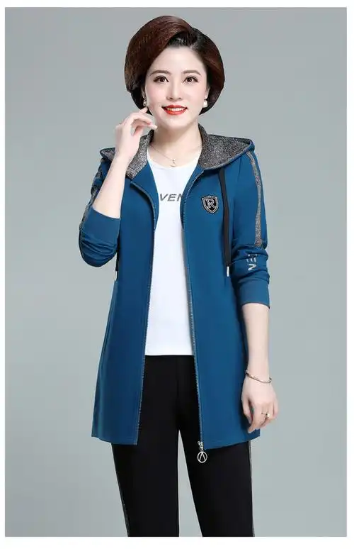 衣服中年人妇女外套春天时尚运动服装三件套装孔雀蓝2xl号115130斤