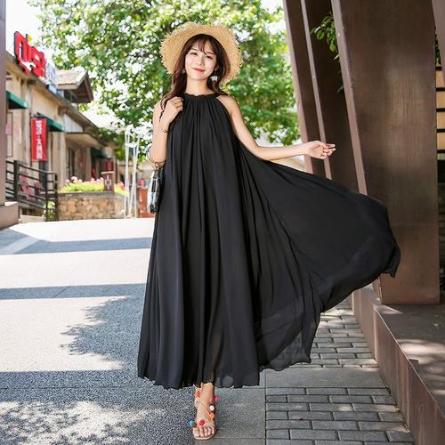 大摆纯色雪纺连衣裙拖地长裙波西米亚女装裙子旅游度假雪纺连衣裙