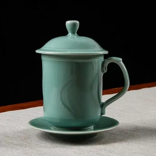青瓷办公杯家用带盖泡茶杯陶瓷水杯大号杯子茶杯