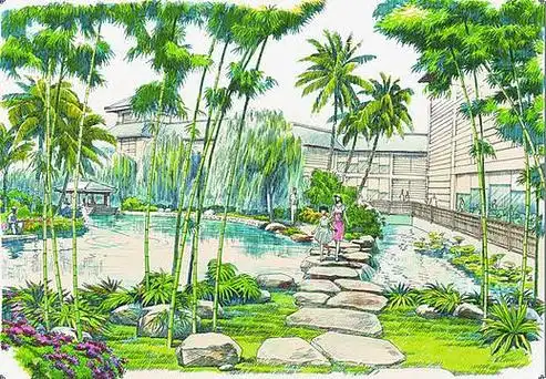 公园景观手绘效果图(960x666)png石头背景(1552x533)png竹子(1417x