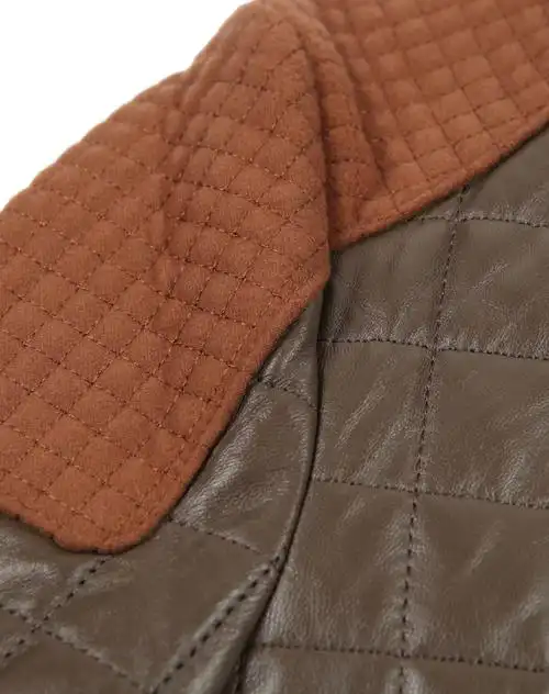 棕/咖啡色舒适拼接潮流长袖皮衣