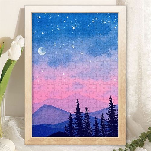 水彩天空星空木质拼图带相框风景艺术自然风光diy送礼物桌面摆台
