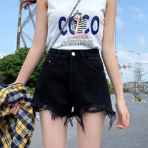 黑色牛仔裤女热裤破洞春夏短裤夏季女新款高腰显瘦毛边辣妹a字 - 17网