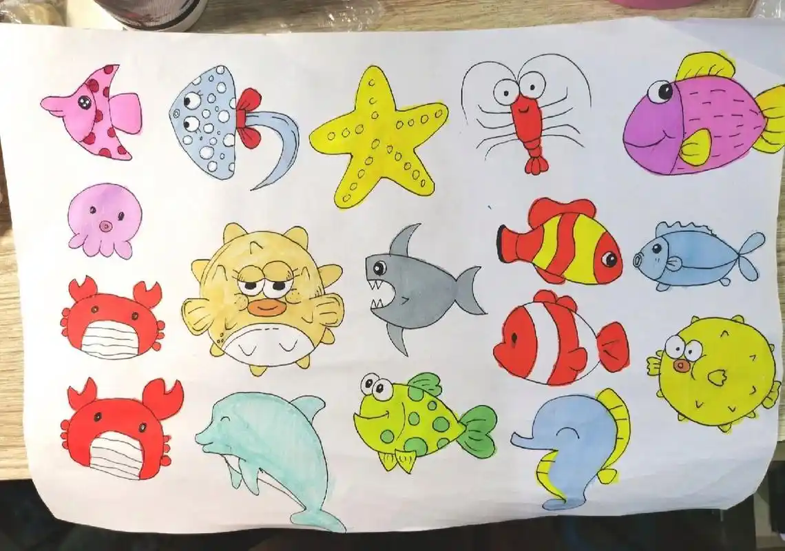 简笔画|海洋水里动物鱼螃蟹(附上色图) 海洋动物之#鱼,鲨鱼,海豚,河豚