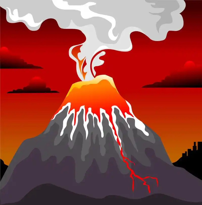 火山,红色的天空, 矢量和插图背景上火山喷发